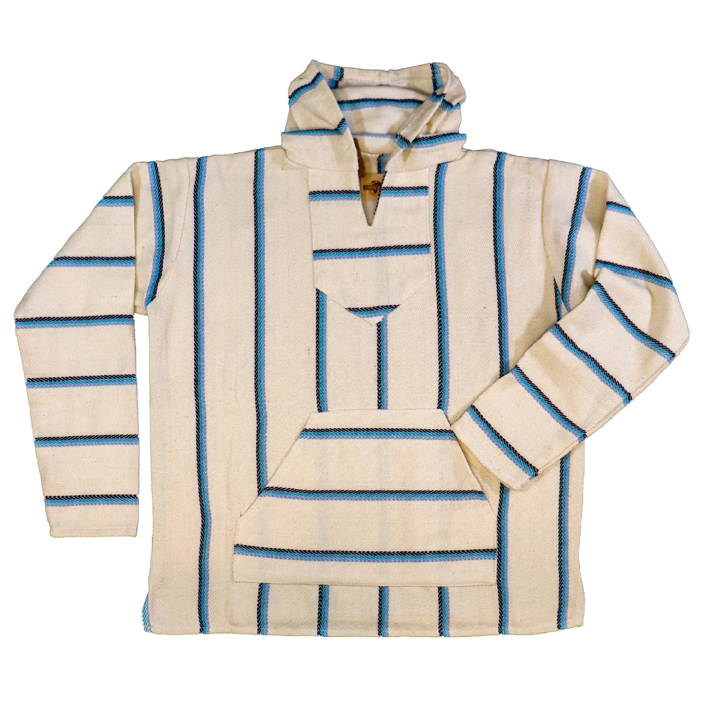Mexican Baja Jerga Hoodie Hippie Festival Top in Maroon, Black and White Striped, L Mexican Baja Jerga Hoodie Hippie Festival Top in Maroon, Black and White Striped, L