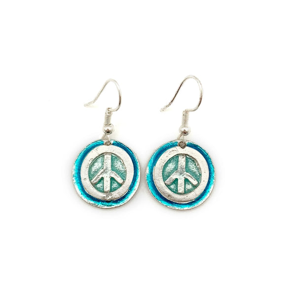 Aqua Enamel Pewter Peace Sign Earrings