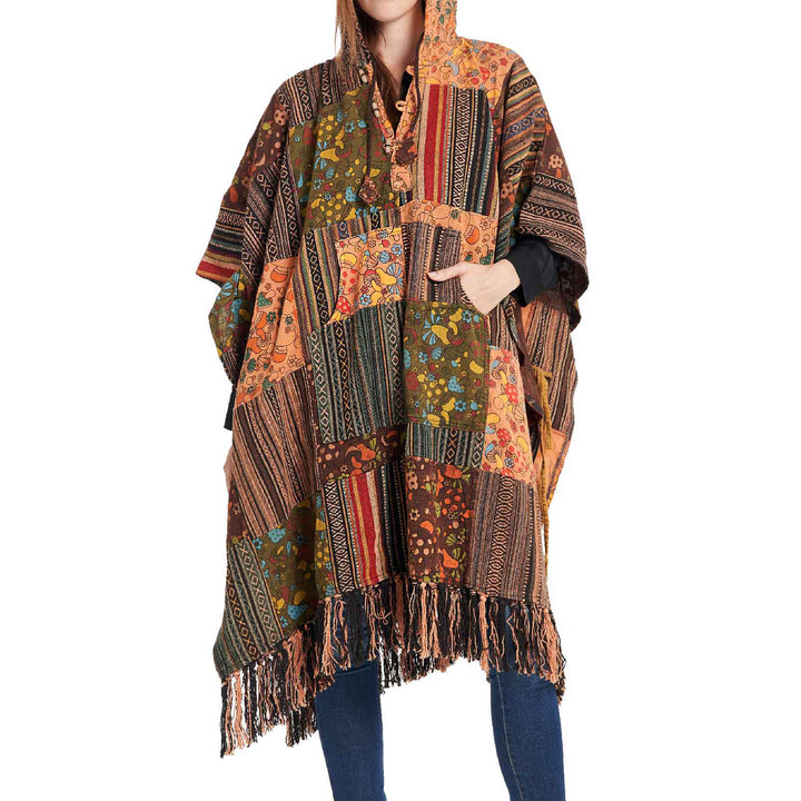 Mushroom Patchwork Long Poncho Brown