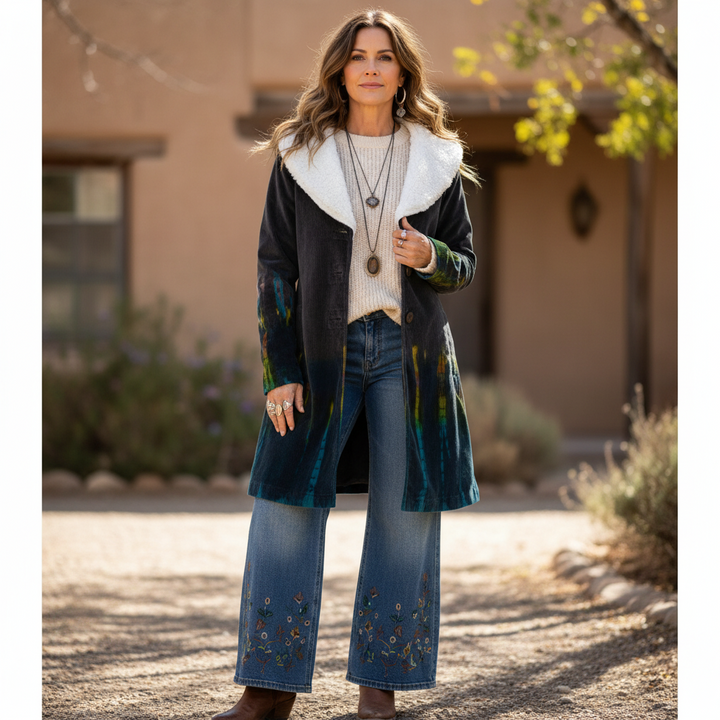 Tie Dye Corduroy Jacket with Sherpa Fleece Trim on model