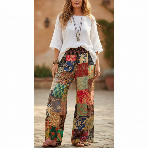 Cotton Print Patchwork Flare Pants