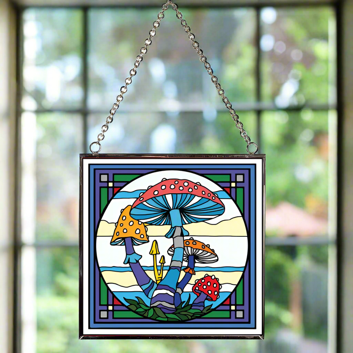 Mushroom Stained Glass Suncatcher in window