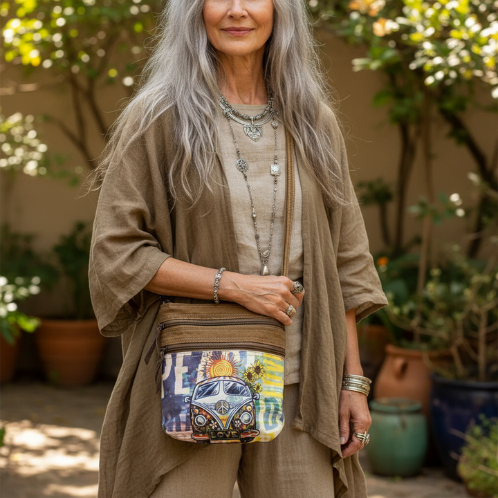 Peace Love Bus Crossbody Bag on model