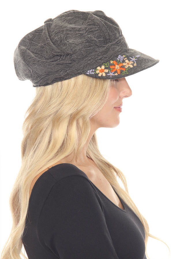Floral Embroidered Newsboy Cap