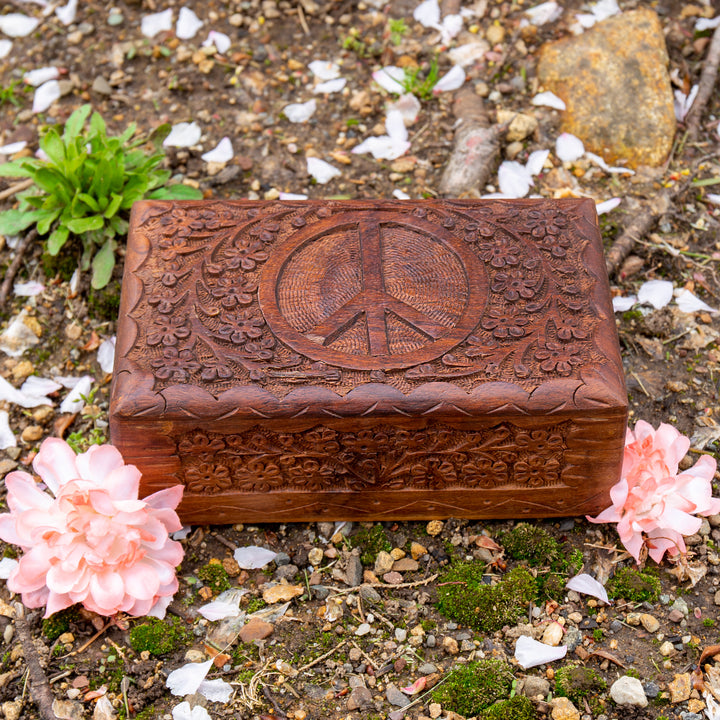 Peace Sign Carved Wooden Box Set