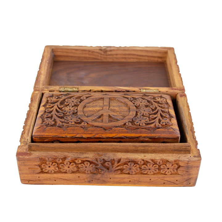 Peace Sign Carved Wooden Box Set