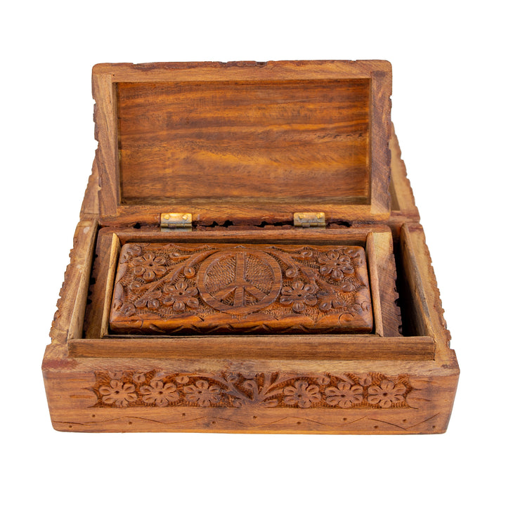 Peace Sign Carved Wooden Box Set