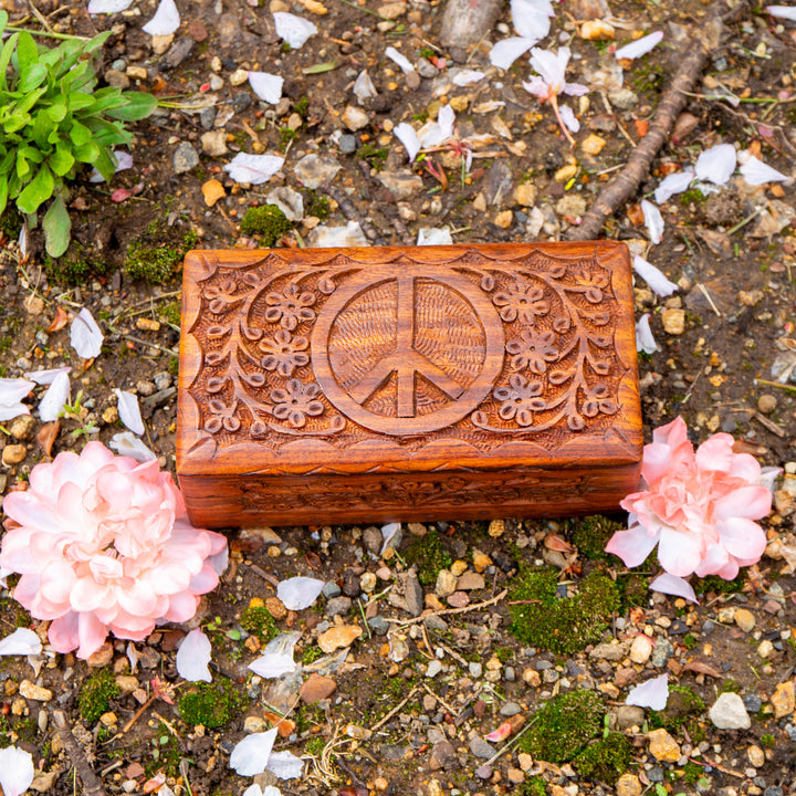 Peace Sign Carved Wooden Box Set