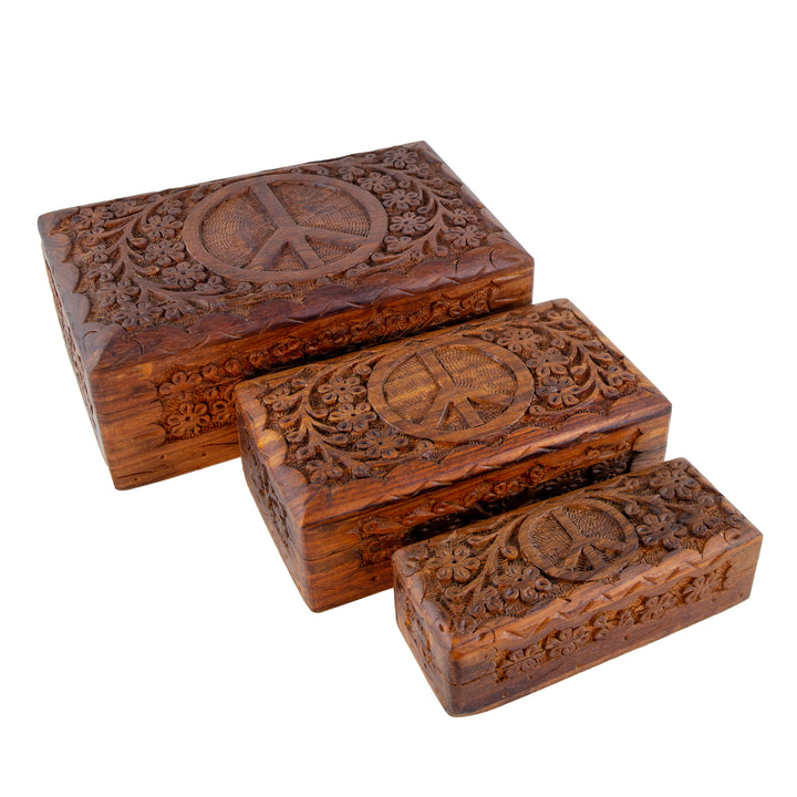 Peace Sign Carved Wooden Box Set