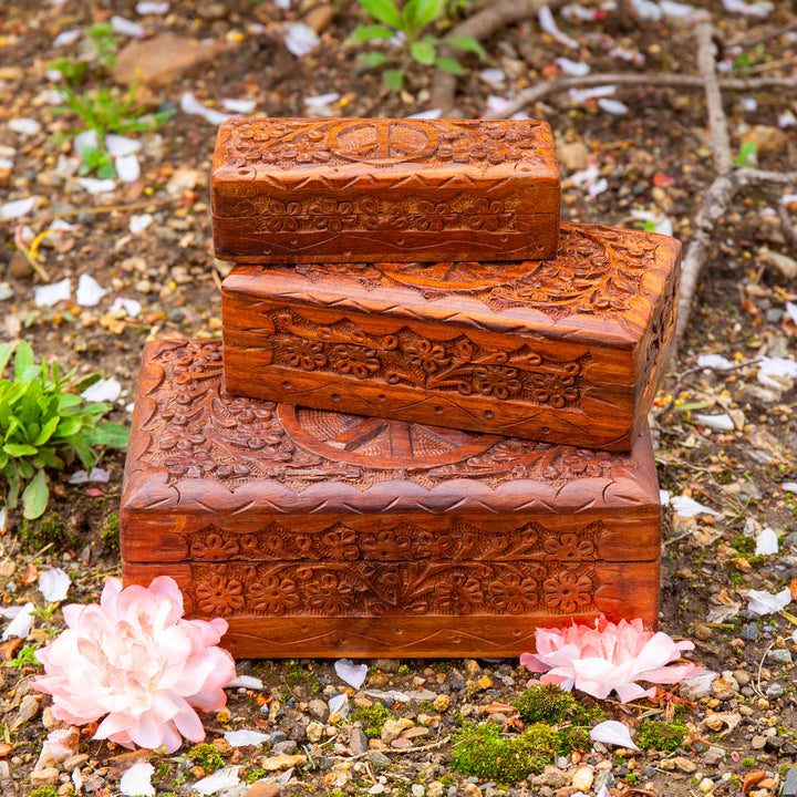 Peace Sign Carved Wooden Box Set