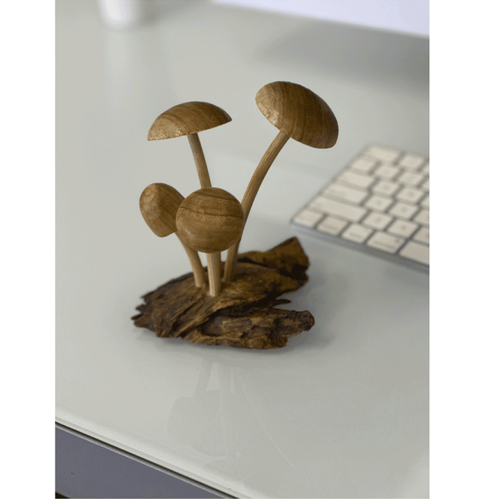 Forest Mushroom Wooden Statue at desk