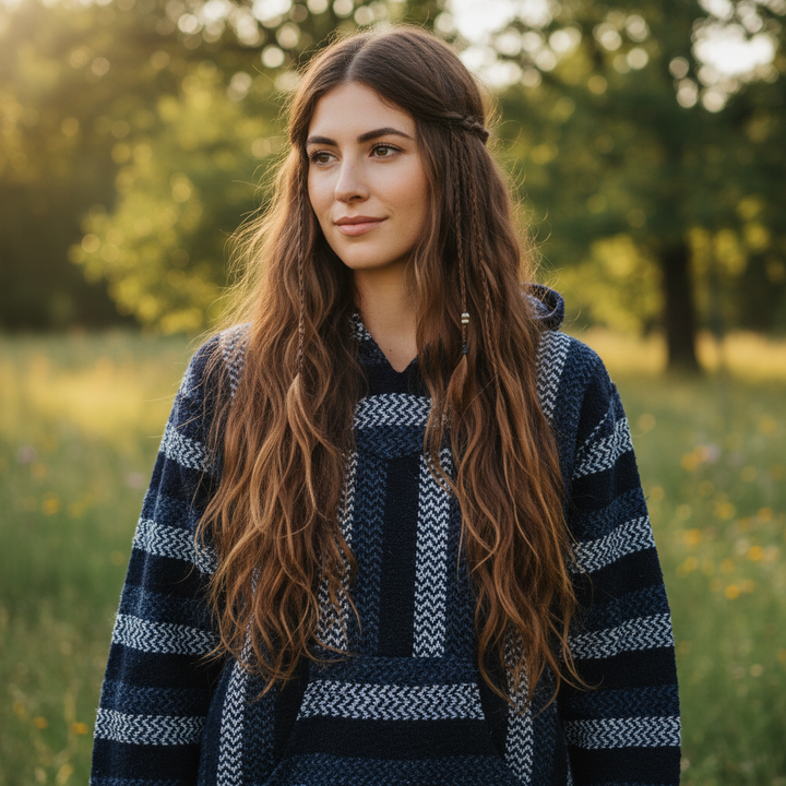 Classic Stripe Navy Baja Hoodie on female