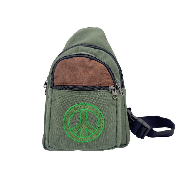 Embroidered Peace Sling Bag Green