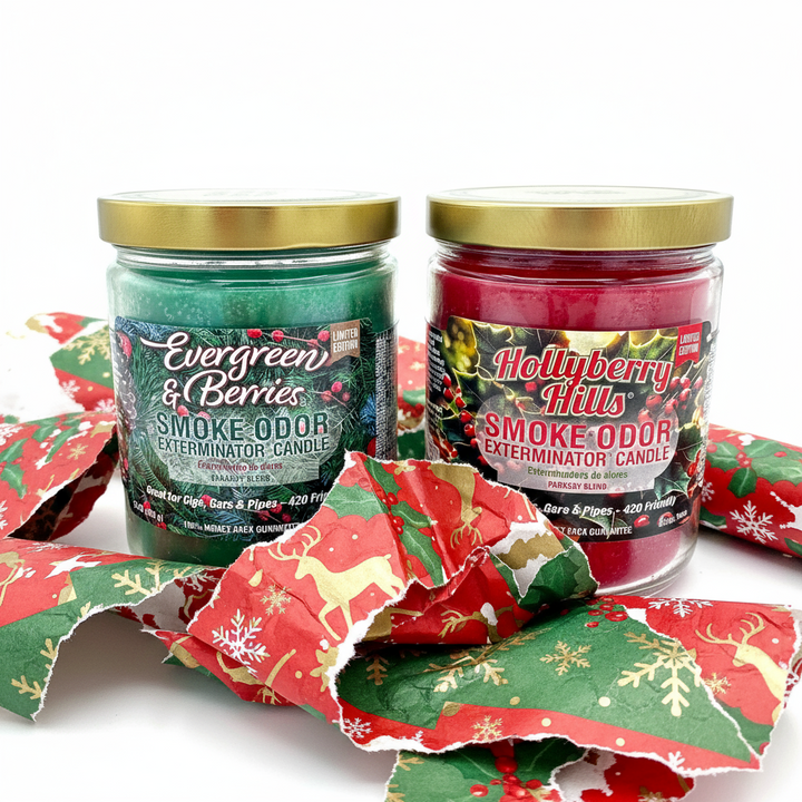 Holiday Candle Set with Evergreen & Berries and Hollyberry Hills gift wrap