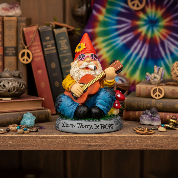 Happy Gnome Statue on book sfelf