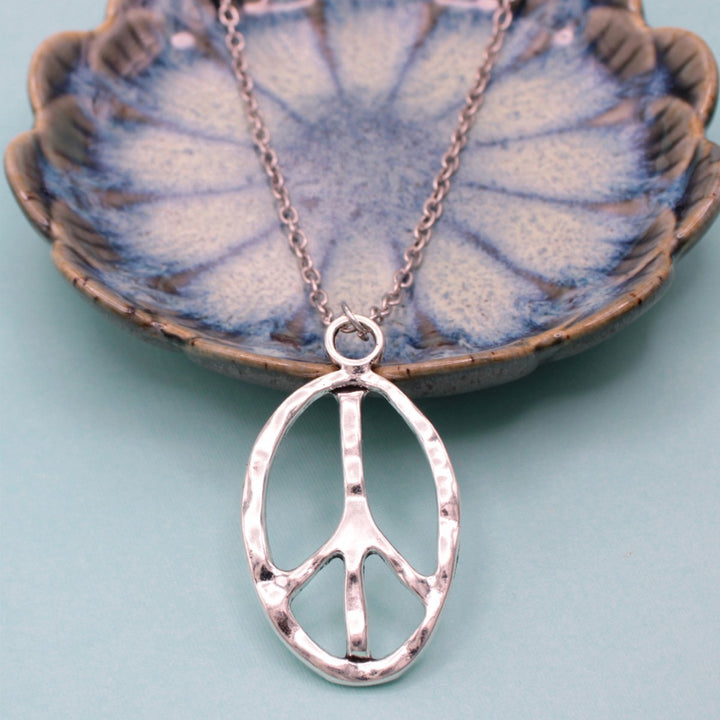 Silver Textured Peace Sign Necklace