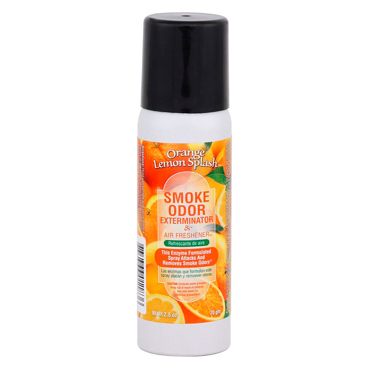 Orange Lemon Splash smoke odor exterminator spray bottle on a white background