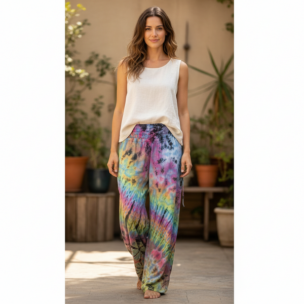 Painted Sky Tie Dye Pants on a model