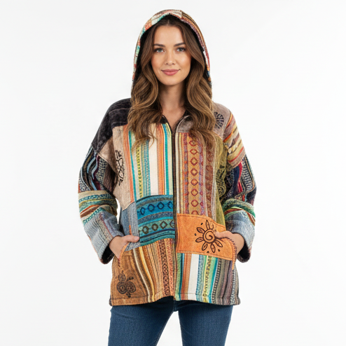 Felpa Patchwork Hippie Per Donna – Cardigan Zip Colorato Con Cappuccio, 100% Cotone, Fatto A Mano In Nepal