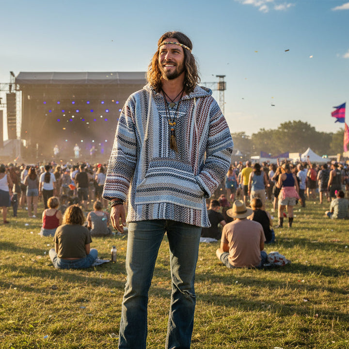 Man in a patterned hoodie at a music festival with stage and attendees in the background
