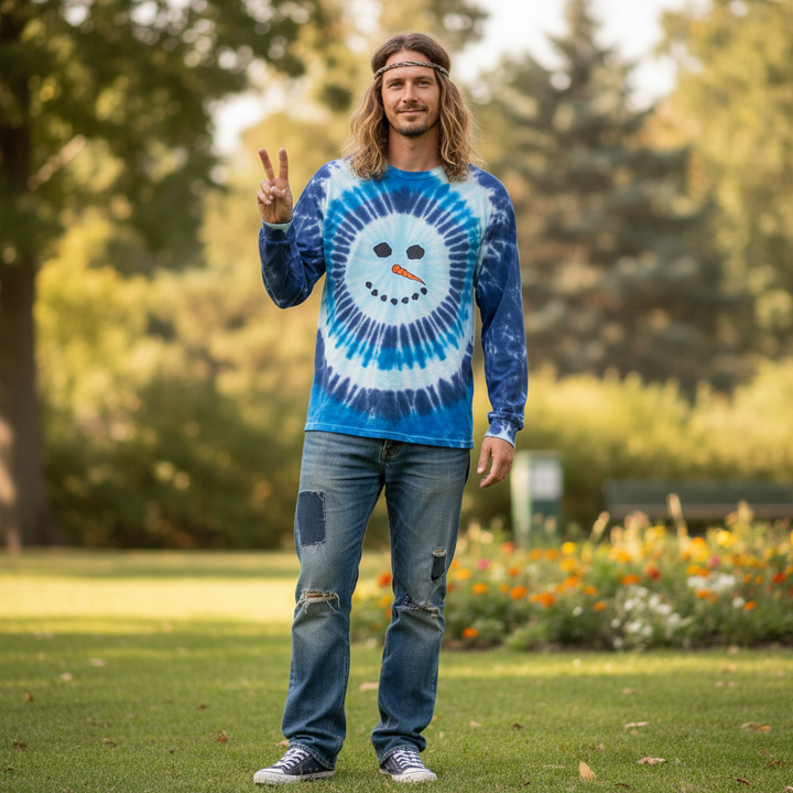 Person wearing a tie-dye shirt with a snowman design in a park setting