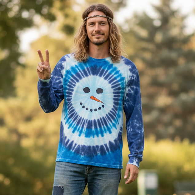 Man wearing a tie-dye long-sleeve shirt with a snowman design outdoors.