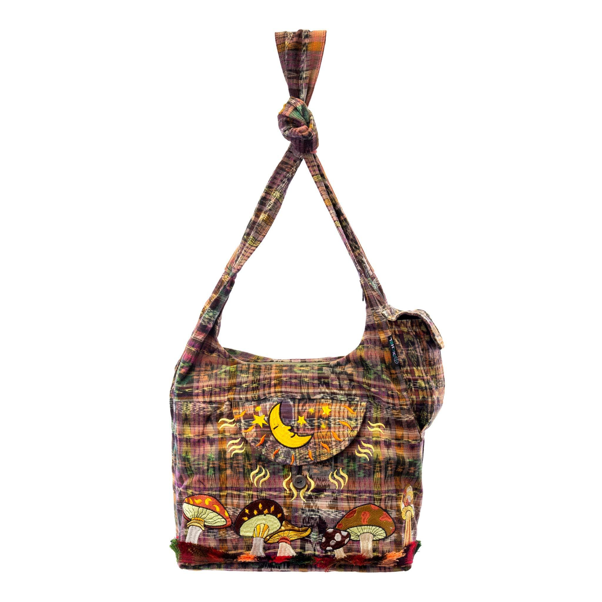 Hippie Cotton Shoulder Bag with Patchwork and Embroidery | Purses-Bags |  Green | Patchwork, Embroidered, Pocket, Yoga, Vacation, Bohemian, Handmade